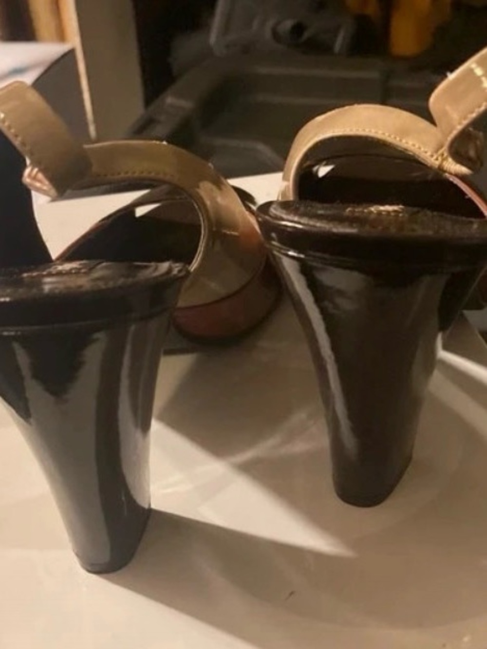 Karma Colorblock Slingback Peep-Toe Heels in Brown and Tan - Picture 4 of 8